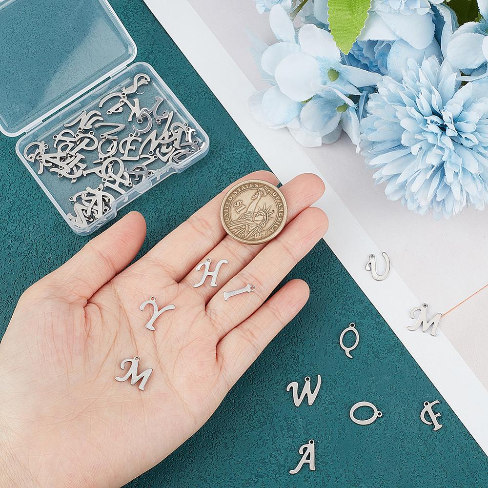 2 Sets 201 Stainless Steel Charms Alphabet Stainless Steel Color Laser Cut Letter A~Z 10~13x6~14x1mm Hole: 1mm 26pcs/set