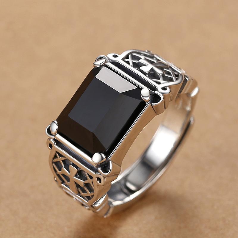 

Silver Color New Cross Ring Men s Personality Dominant Trend Hip Hop Single Ring Black Stone Jewelry resizable
