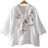 Women's Summer Embroidered V-Neck Cotton Linen Top - Ethnic Style with Asymmetrical Lapel and Frog Buttons