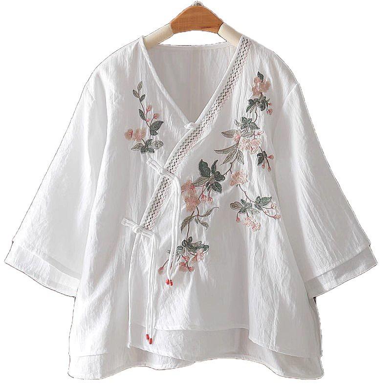 Women's Summer Embroidered V-Neck Cotton Linen Top - Ethnic Style with Asymmetrical Lapel and Frog Buttons