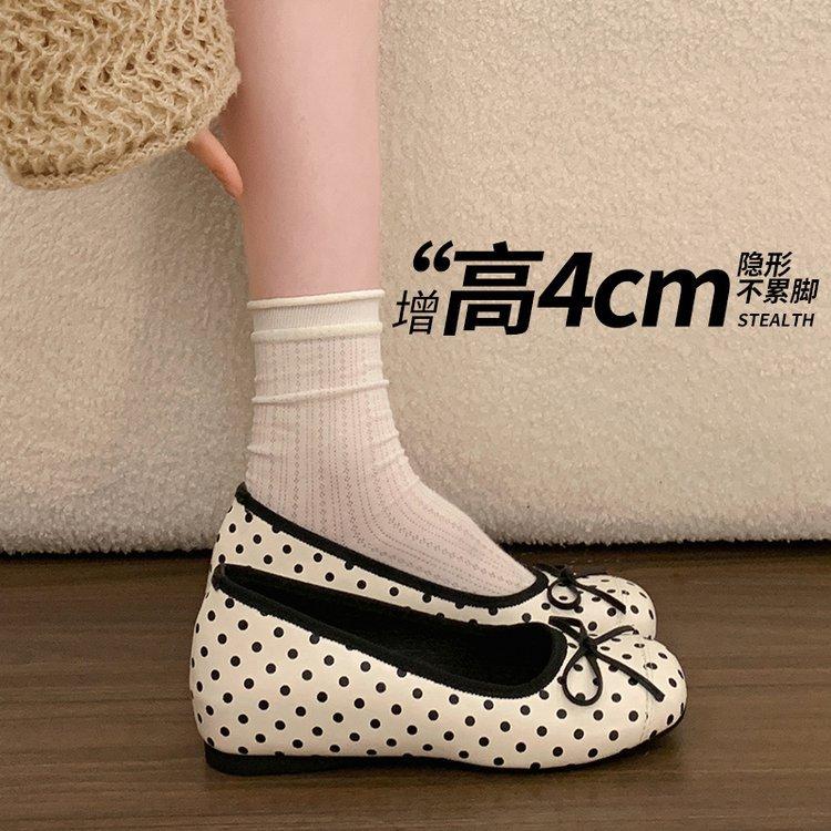 French Retro Inner Heightening Bow Polka Dot Light Mouth Single Shoes Women'S New Spring And Summer Skirt Mary Jane Shoes