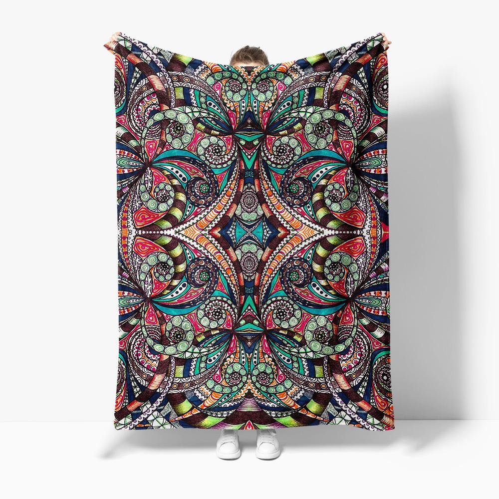 Psychedelic Tribal Pattern Blanket Colorful Ethnic Bed Cover Abstract Geometric Print Throw Blanket for Sofa Couch Decoration 75X95CM