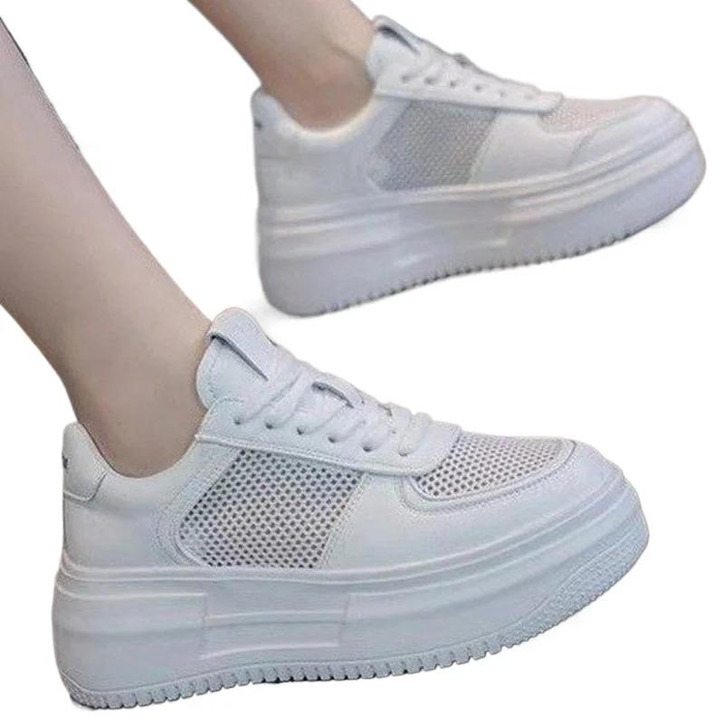 New Leather Mesh Fabric Women's White Casual Woman Vulcanize Sneakers Breathable Sport Walking Running Platform Flats Shoes