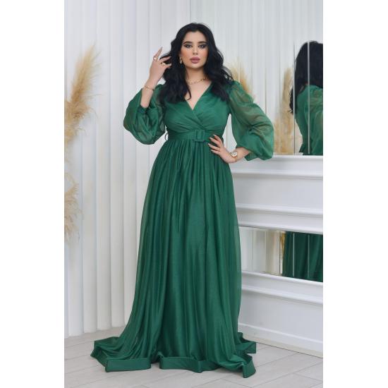 Zweireihiges Abendkleid mit Kragen, Gürtel und Ballonärmeln aus glitzerndem Tüll TE Settür Abendkleid