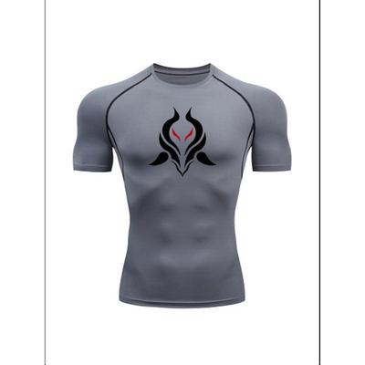 Men'S Demon Print Compression T-Shirt, Quick Dry Short Sleeve Gym Workout Tee, Gothic Tribal Pattern Athletic Fitness Training Top