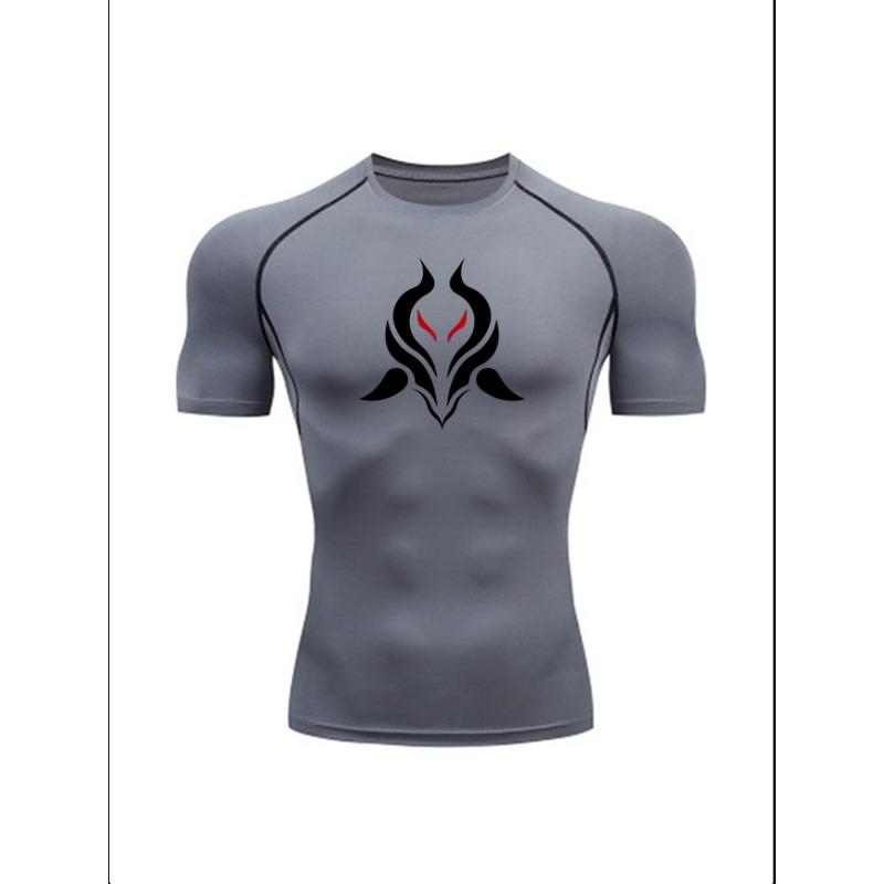 Men'S Demon Print Compression T-Shirt, Quick Dry Short Sleeve Gym Workout Tee, Gothic Tribal Pattern Athletic Fitness Training Top