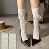 1 Pair Women's Elegant Lace Trim Calf Socks with Bow Detail - Striped Design, Spring Summer Fashion, Lace Socks, Shoe Accessory