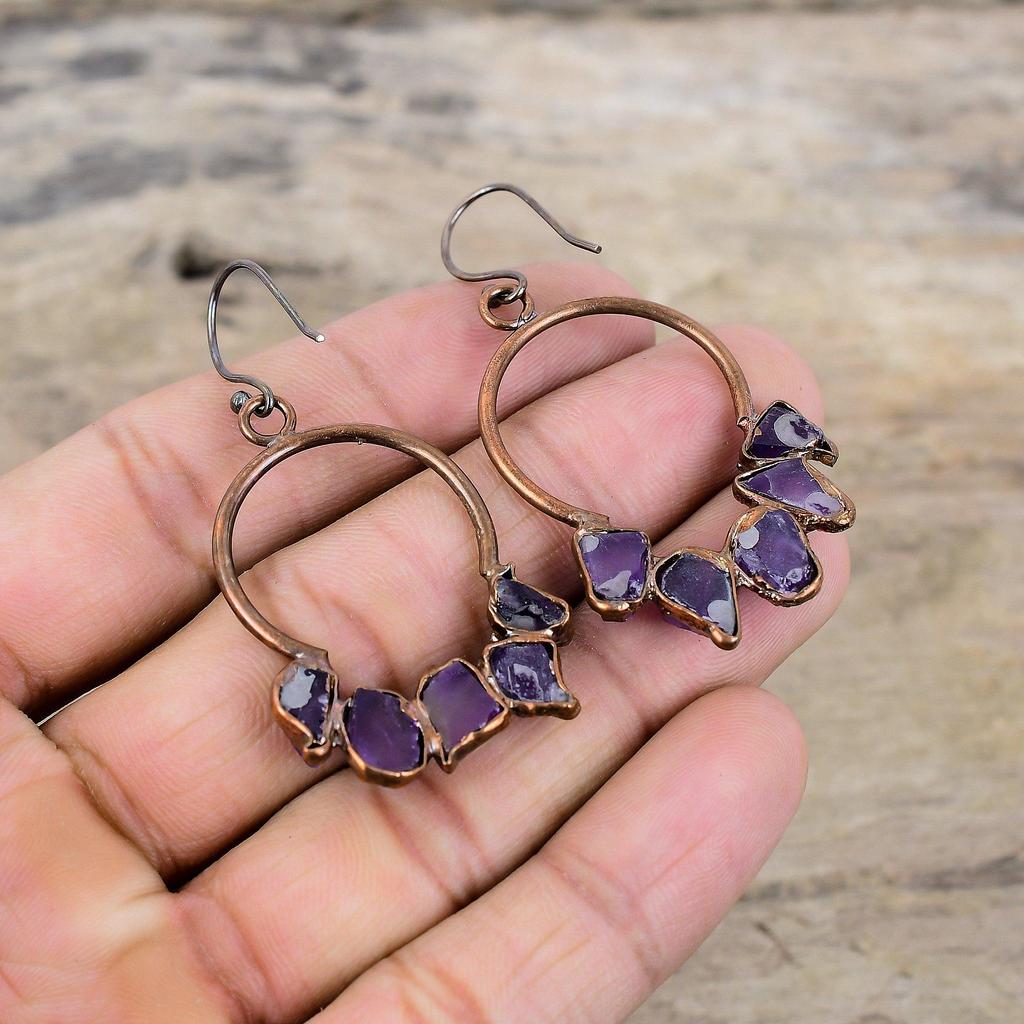 African Amethyst Rough Earring Electroformed Copper Earring Original Gemstone Jewelry Handmade Earring Electroformed Jewelry Engagement Gift