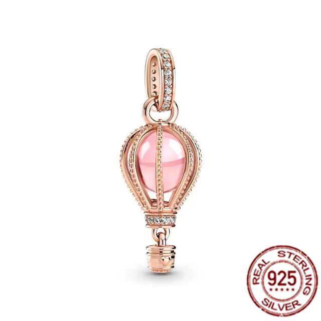 Rose Gold Sparkling Levelled Heart Beads Pink Air Balloon Charms 925 Sterling Silver Jewelry Fit Original Fasion Bracelet