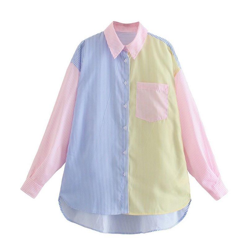 Pinstripe Color Matching Color Contrast Loose Boyfriend Style Shirt Longer in the Rear Long Sleeves Beach Summer New Arrival European and American Hot