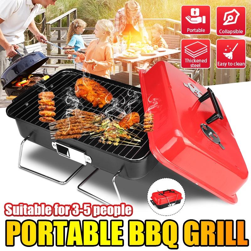 Barbecue Grills Edelstahl BBQ Ofen Outdoor Drahtgitter Werkzeuge Outdoor Faltbare Holzkohlegrills Für Picknick Für 3-5 Personen Schwarz+Rot