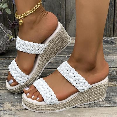 Fashion White PU Leather Woven Wedge Sandals Women Summer Lightweight Thick Sole Slippers Woman Fashion Espadrilles Platform Sandalias