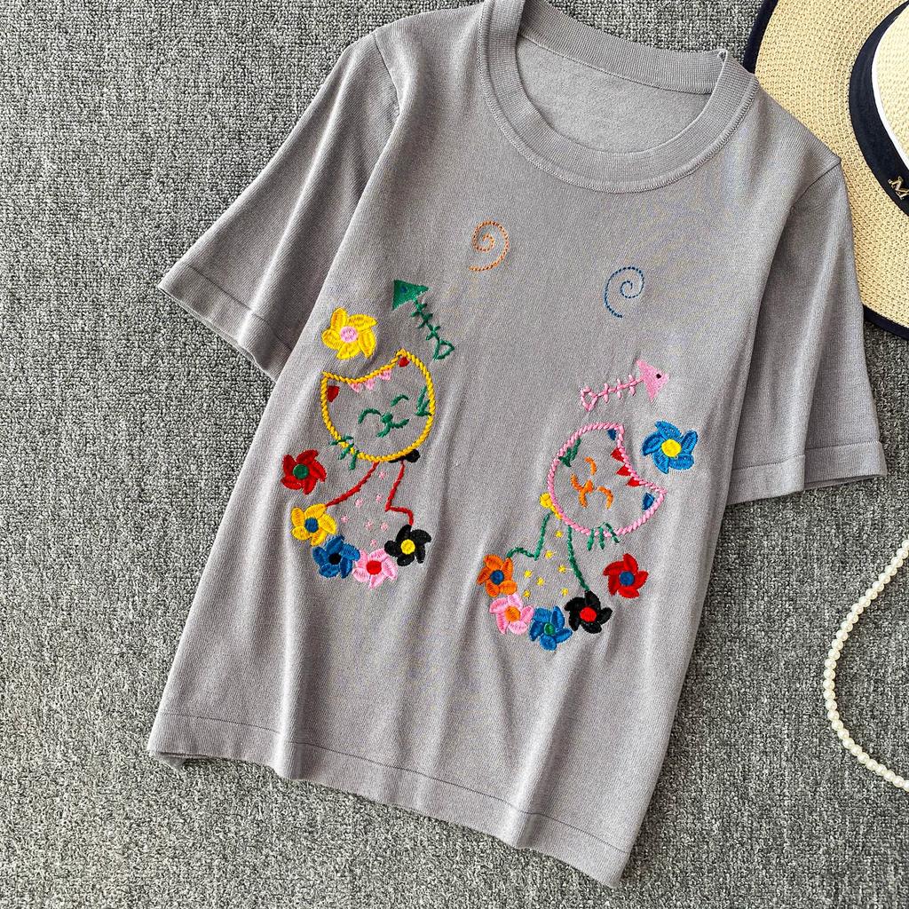 Summer Women College Sweet Cat Embroidery Knitted Sweater Pullover Tops For Girl
