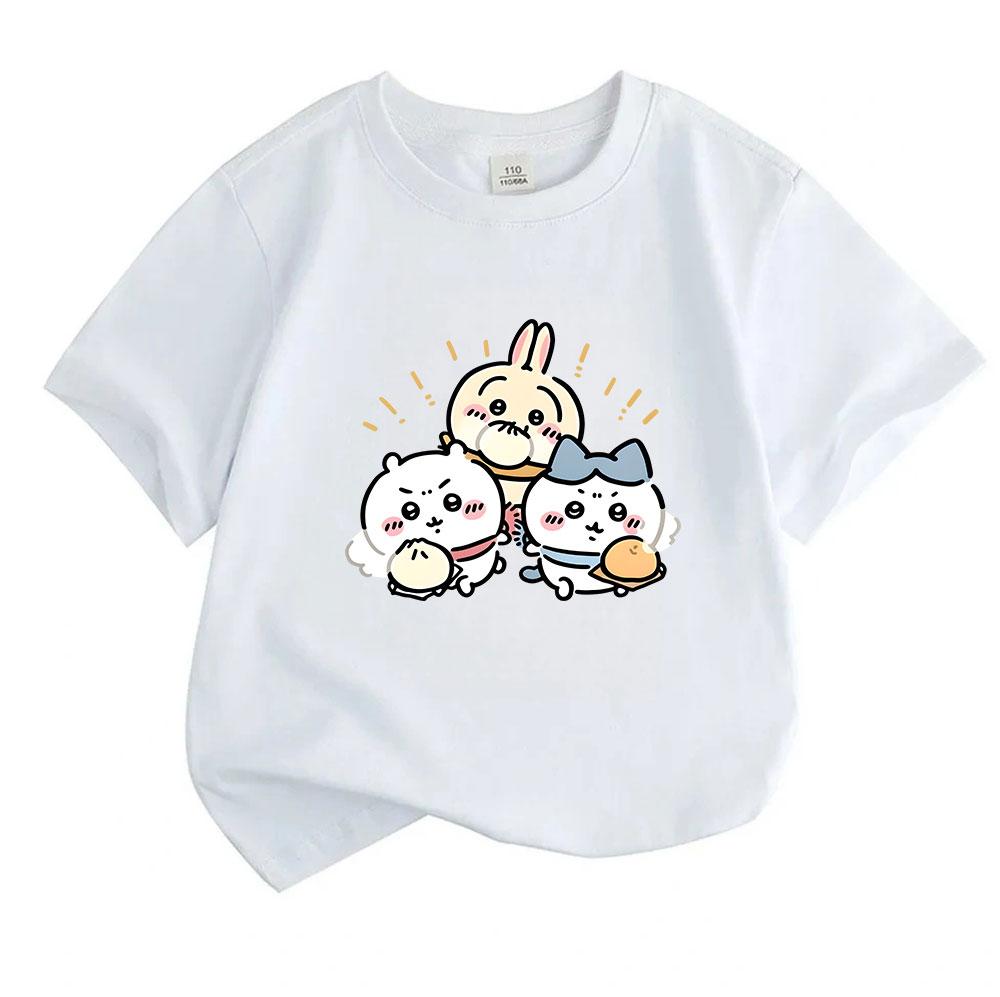 Kids Boys Girls 100% Cotton Crew Neck Short Sleeve T-Shirt, Cute Chibi Cartoon Three Friends Print Casual Soft Breathable Tee for Daily Play Wear, Lov