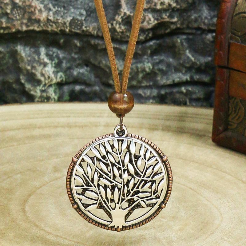 GemChic Women's New Vintage Cotton Linen Rope Alloy Tree Pendant Long Necklace Ethnic Chain Fashion Birthday Christmas Jewelry Gift