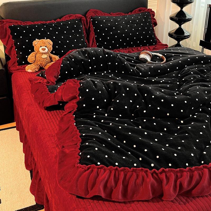 Premium Leopard Print Thickened Milk Fleece Rabbit Plush Lace Bed Cover Four-Piece Warm Double-Sided Fleece Bed Hat