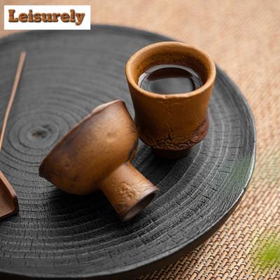 2pc/lot Retro Sauce Glazed Coarse Pottery Teacup Old Rock Mud Master Cup High Feet Meditation Cup Chazhan Mugs Kung Fu Tea Set
