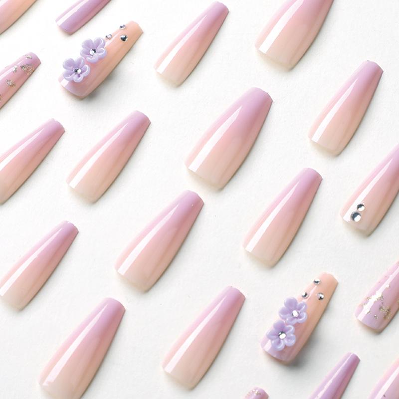 Wear manicure purple gradual change long ballet three-dimensional flower rhinestone manicure patch nail piece nail piece