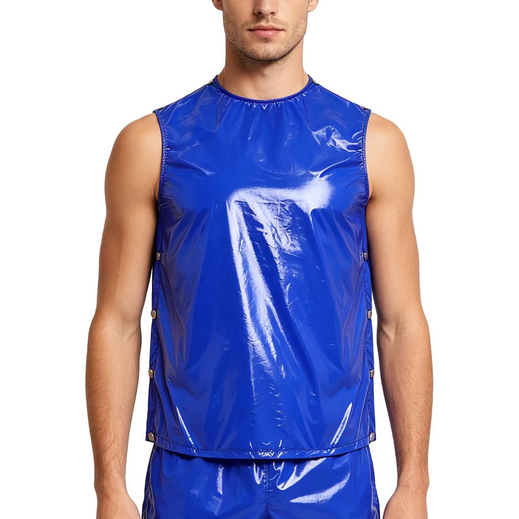 S-3XL Men Vinyl Waterproof Reusable Tank Top Round Neck Sleeveless Press Buttons At Shoulder and Sides for Gymnastics Workout Exercise