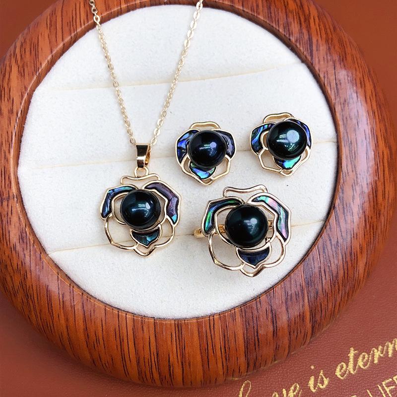 Exquisite Freshwater Pearl & Abalone Shell Jewelry Set: Earring, Ring, Pendant - Camellia Design