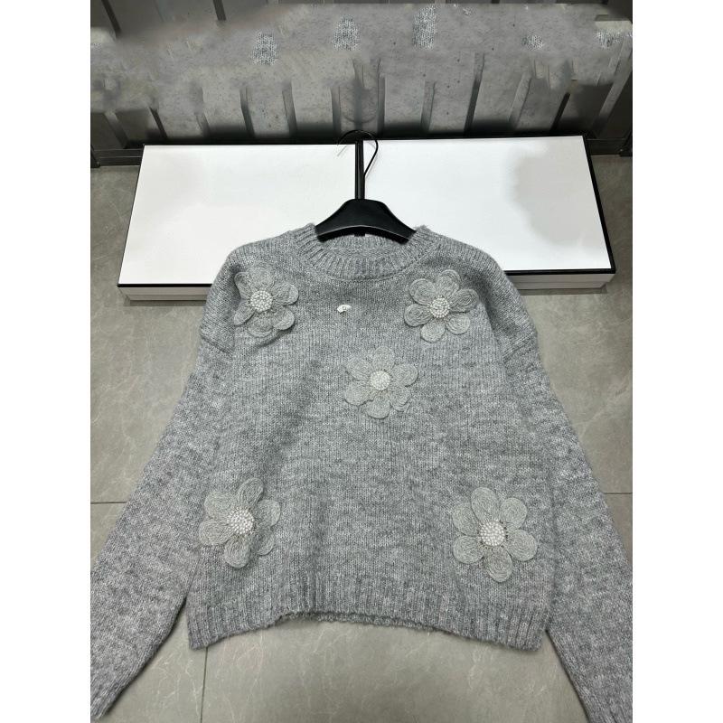 Xiangjia 2025 Floral Knit Round Neck Pullover - Autumn/Winter Loose Long Sleeve Top