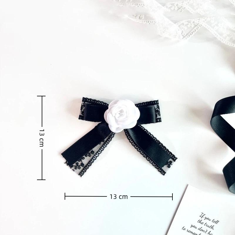 Camellia Flower Ribbon Brooch Black White French Style Pin Brooch For Women Shirt Collar Pins Vintage Party Brooches Jewelry