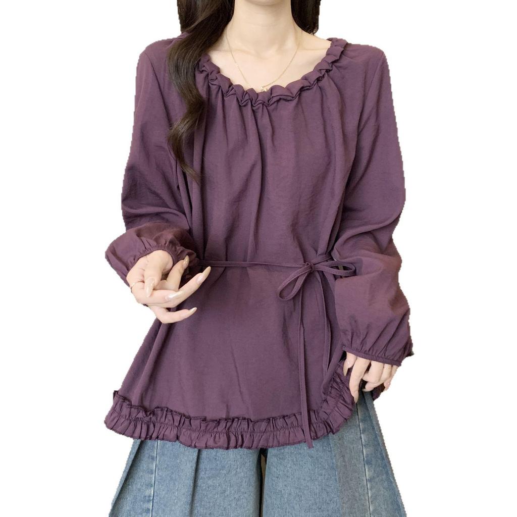 Plus Size Ruffled Waist Long Sleeve Shirt - Women's Spring/Autumn Korean Style, Slimming and Elegant Top