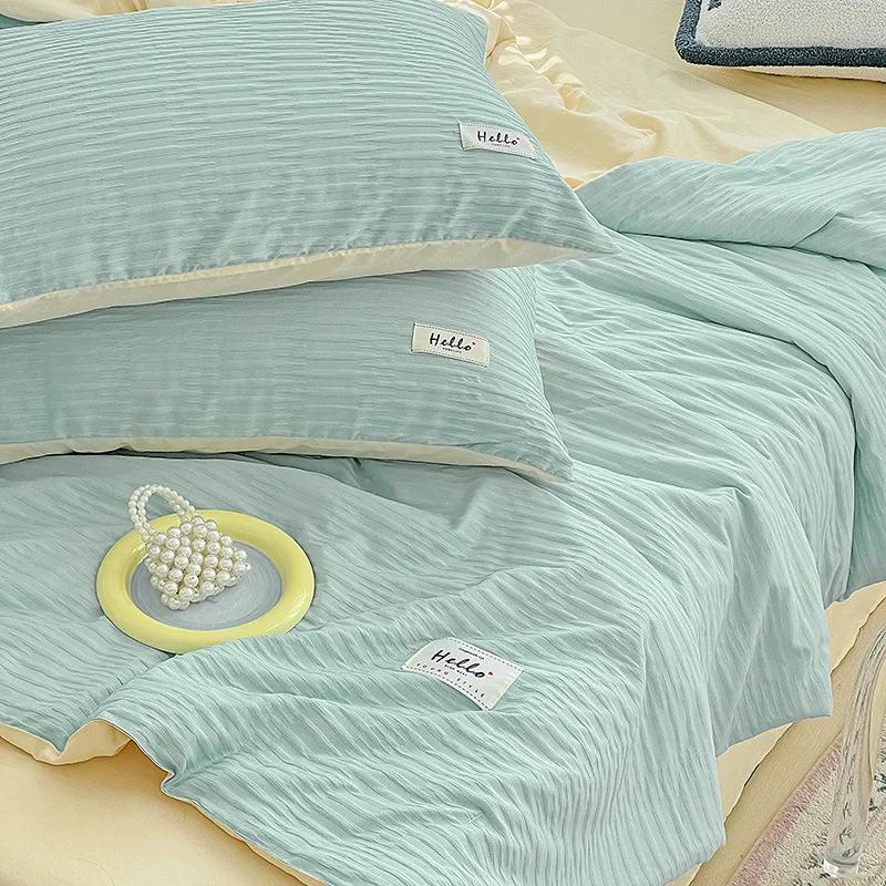 Korean Style Seersucker Washed Cotton Summer Quilt Four-Piece Set Bare Sleeping Quilt Summer Blanket Airable Cover