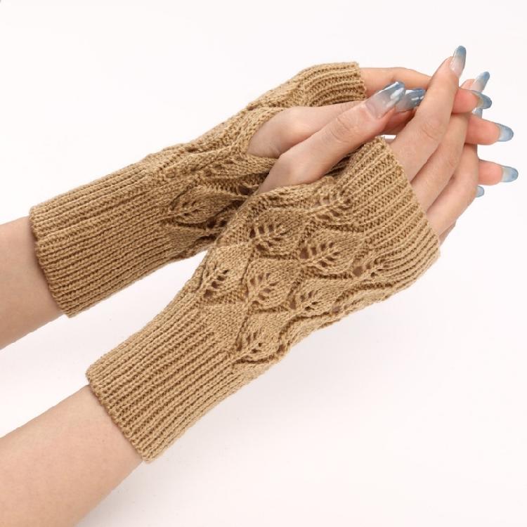 Knit Gloves Textured Leaf Design Soft Acrylic Fabric Cold Weather Fingerless Handwear Unisex Solid Color