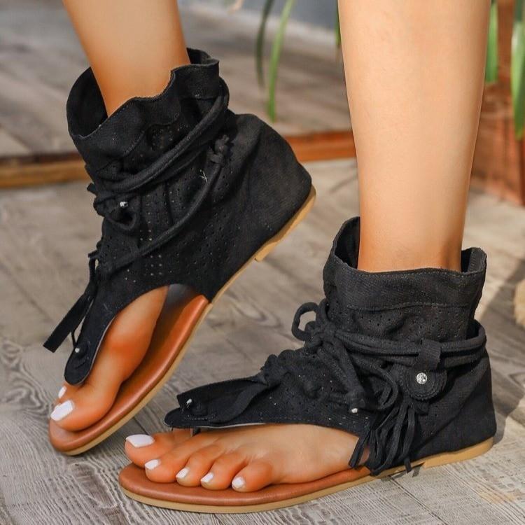 Women's Sandals European American Retro Flat Bottom Tassel Hollow Toe Womens Sandals Fashion High-top Cool Boots Sandalias Mujer