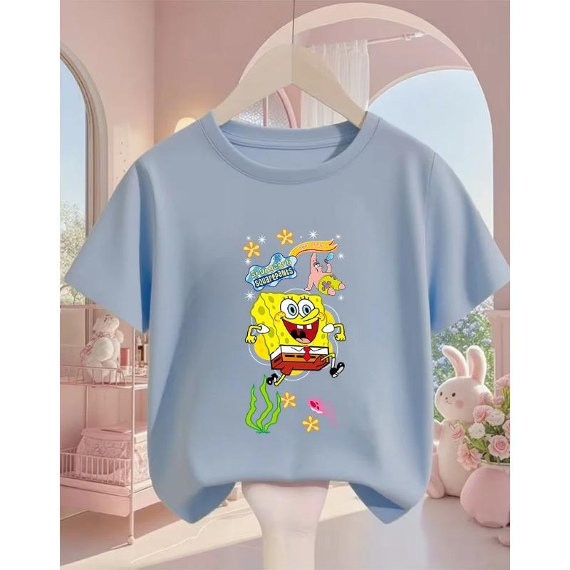 Street SpongeBob SquarePants Casual T Shirt 3-14Y Boys Girls Summer Cute Kawaii Fashion Hot Cartoon Crew Neck Kids