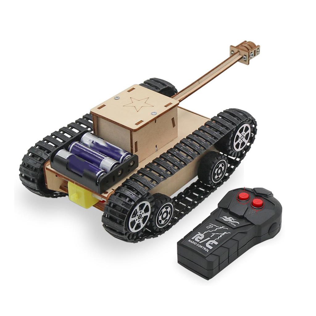 Kit Modelo de Carro Quebra-Cabeça de Madeira Elétrico 2 Vias Tanque de Simulação de Ciência e Tecnologia com Controle Remoto