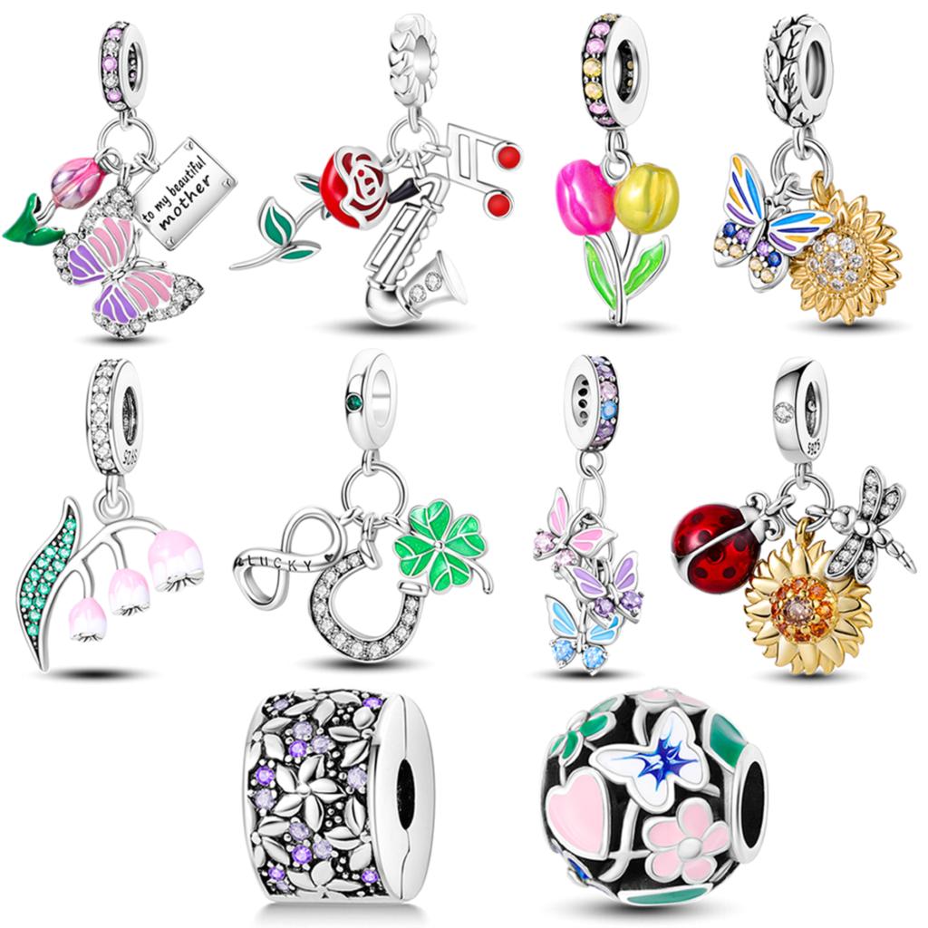 copper Charm Bead Charms Bead Charms Plants Flowers Rose Tree of Life Clip Dangle Compatible With Authentic Pandora Bracelets Bangle Jewellery
