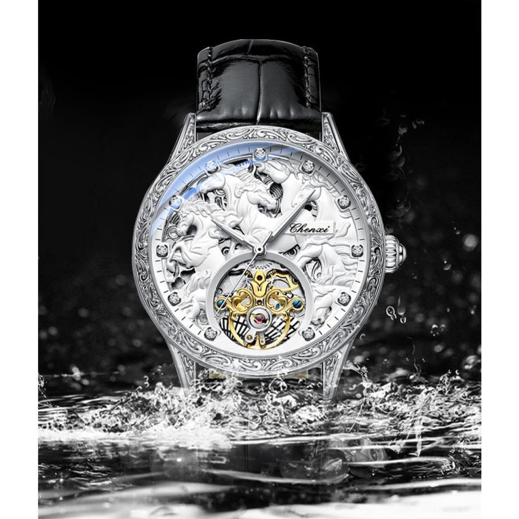 Orologio Meccanico Uomo A Scheletro Con Tourbillon - Carica Automatica, Cinturino In Pelle Vintage, Impermeabile 3ATM - 5