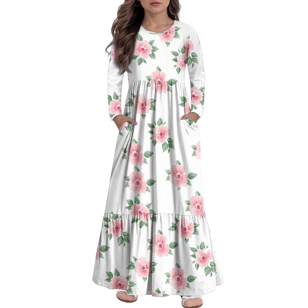 Girls' Maxi Dress Casual Holiday Dresses - Long Sleeve Dress With Pockets For 4-14Y