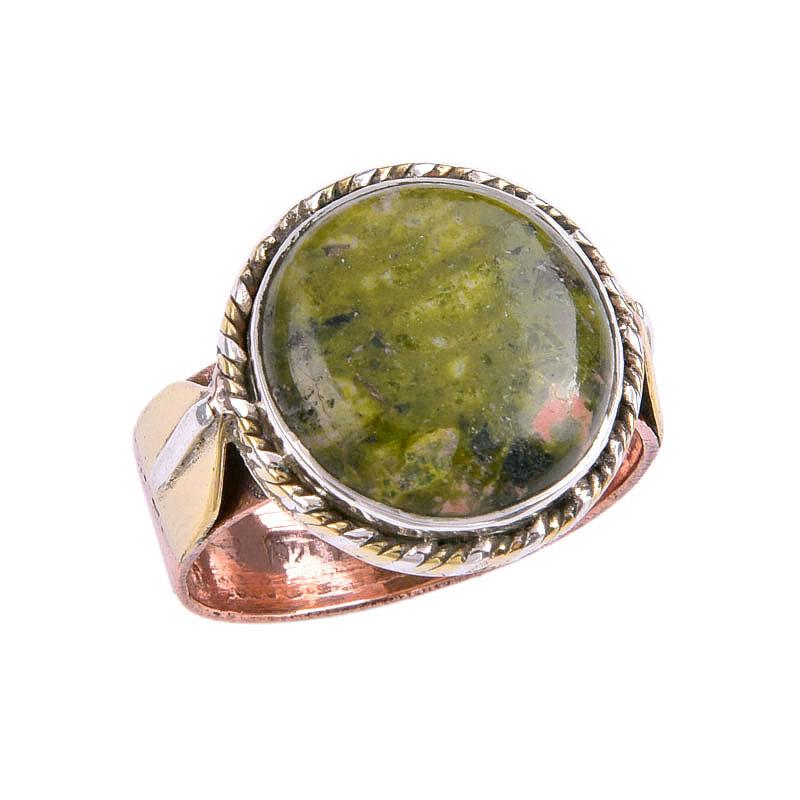 Natural Unakite Gemstone Two Tone 925 Sterling Silver Jewelry Ring Size 9 T0k02