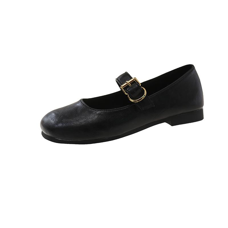 Retro Soft Leather Mary Jane Shoes for Women's 2025 Spring New Shallow Mouth One-word Strap Flat-soled Single Shoes with Skirts and Leather Shoes