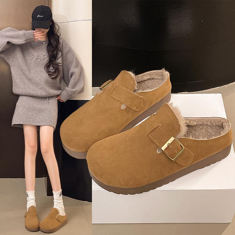 Stepping on shit, pregnant women's baotou half slippers, women's autumn and winter wear one pedal, velvet without heel, retro Birkencotton slippers