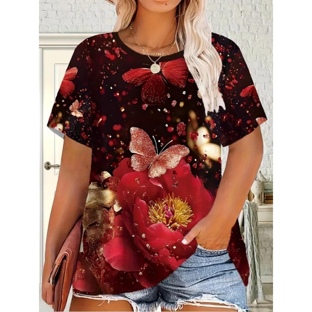 Ladies Summer Colorful Flower Printed Large Loose Casual T-shirt Fashionable Comfortable Soft Breathable Short Sleeved T-shirt