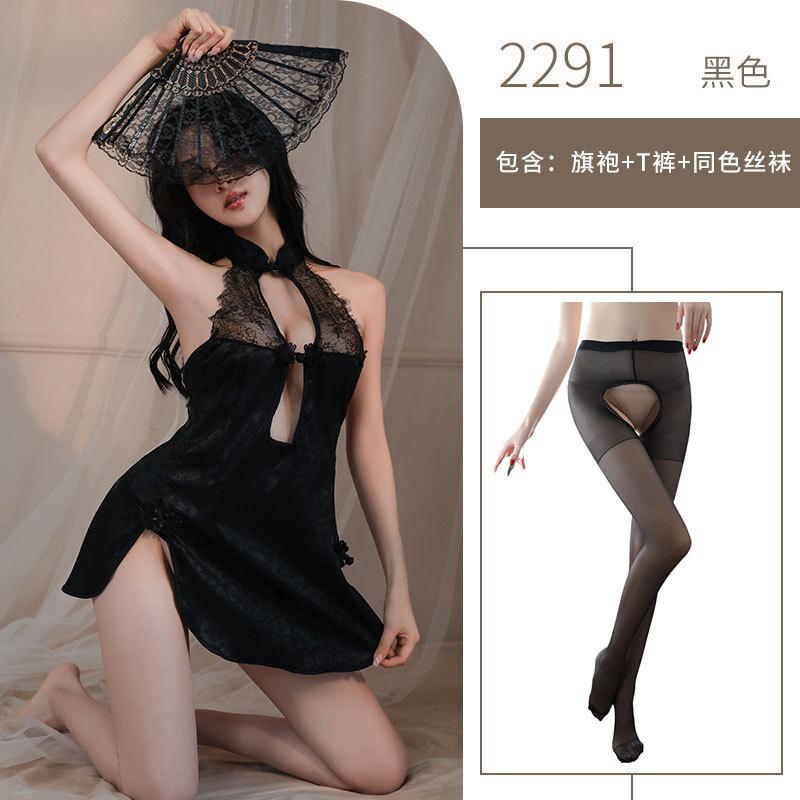 Sexy Retro Cheongsam Free Sex Underwear Women's Side Split Mesh Transparent Lace Large Size Uniform Temptation
