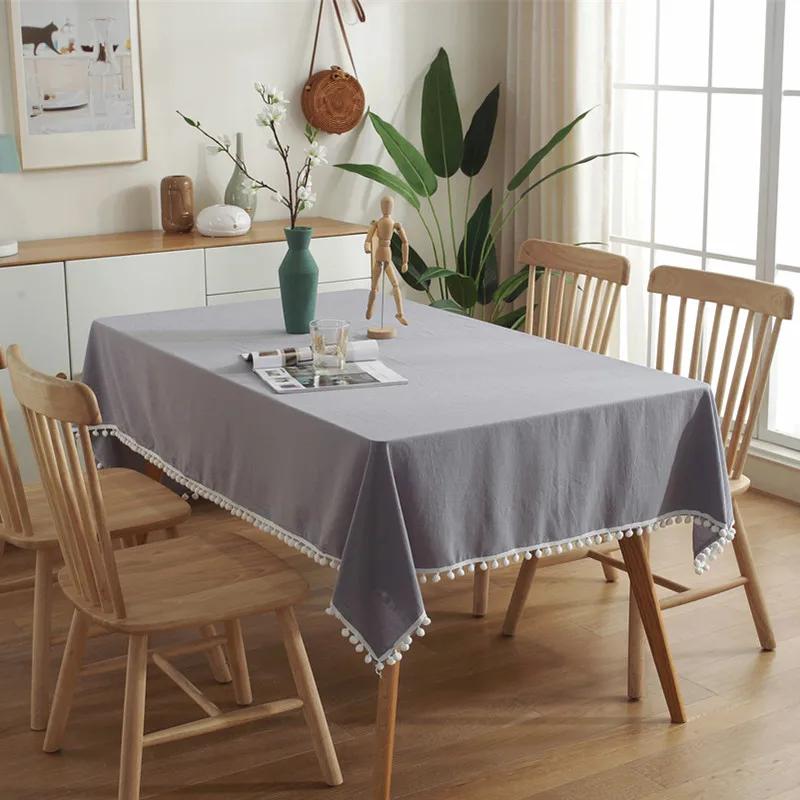 Farmhouse Solid Color Tablecloth Rectangle Cotton Fabric Pompom Tassel Table Cover For Kitchen Dinning Wedding Party Decorations