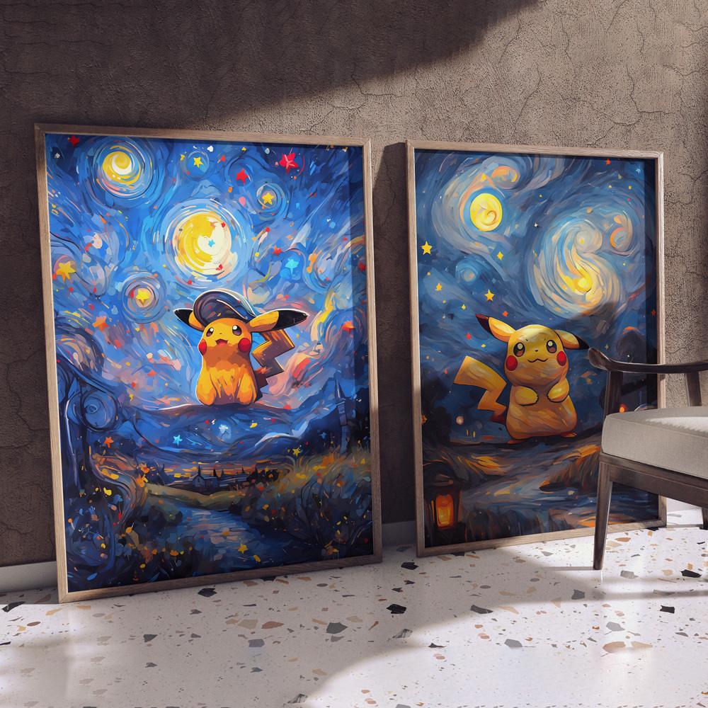 Classic Canvas Painting  Pikachu Anime Figures Van Gogh Poster Prints Hd Home Room Comics Pictures Decor Holiday Gift