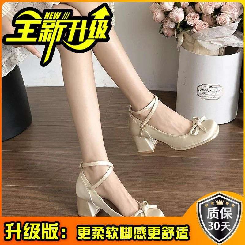 French versatile satin bow Mary Jane shoes girl 2025 new fairy style small man height increase light mouth single shoes