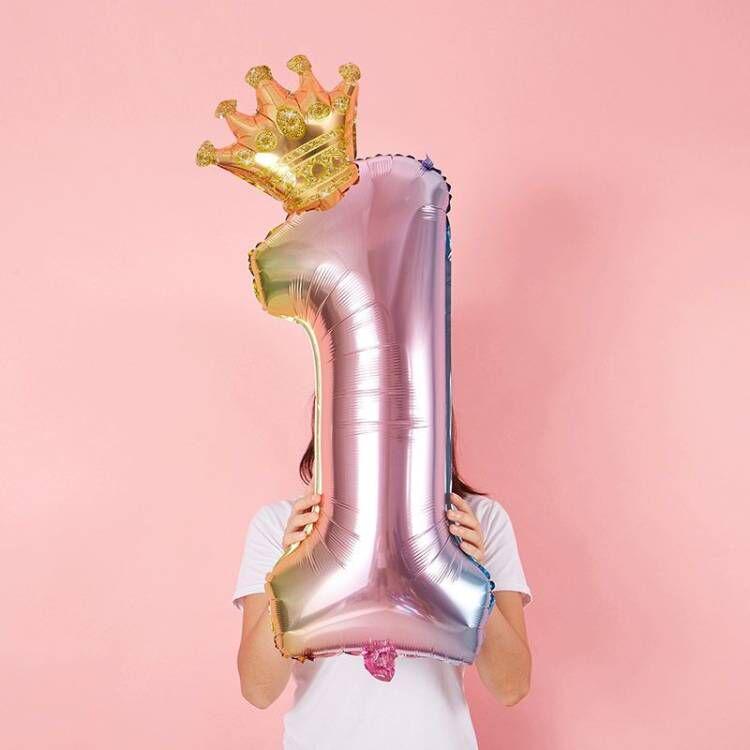 Gradient Color Crown Number Balloon Pillar, 32-40 Inch, First Birthday Party Decoration