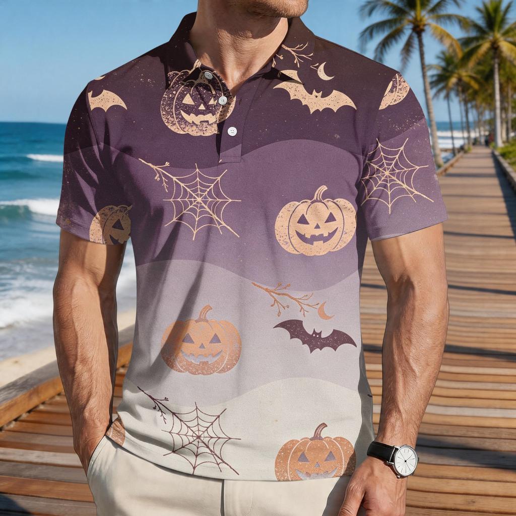Men Halloween Print Casual Short Sleeve Shirt with Pumpkin Bat and Leaf Patterns Lightweight Button Down Top