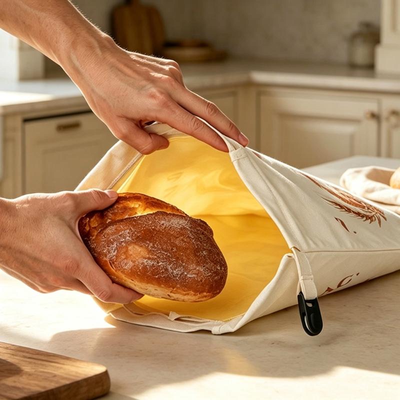 Organic Cotton Bread Storage Bag with Wax Lining, Removable Design, Flexible Closure Bands, and Carry Opening for Bread and Everyday Foods