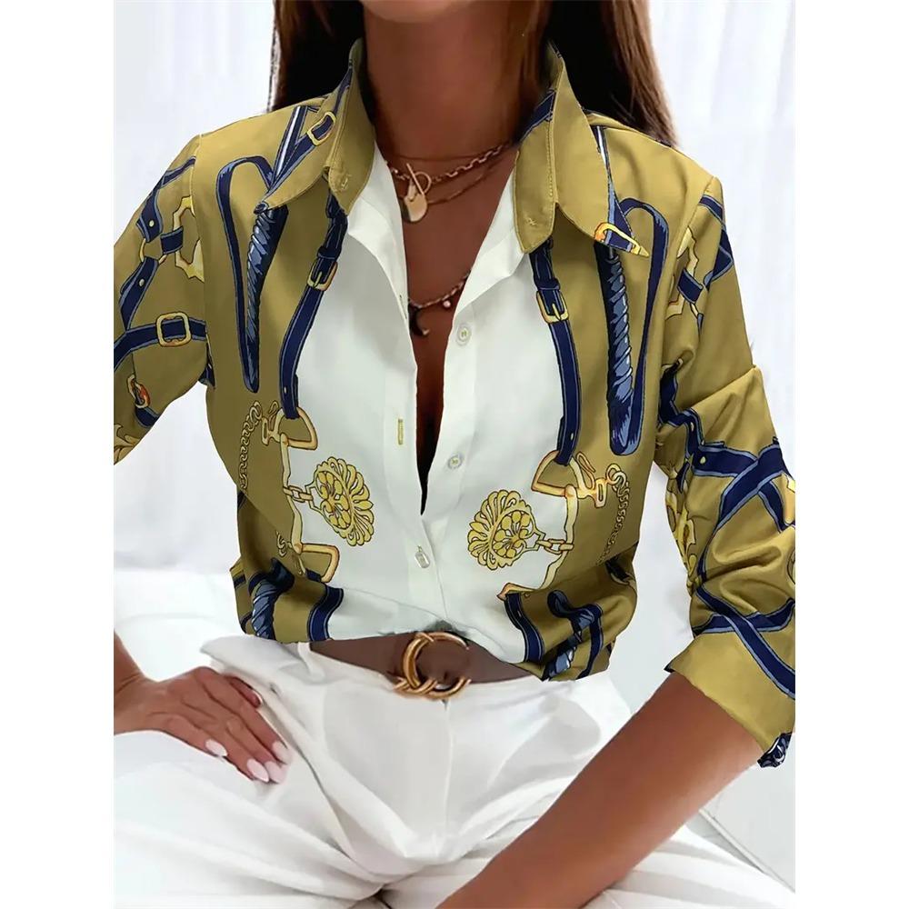 Boutique Pattern Printed Button Long Sleeve Women's Shirt Vintage Elegant Office Fashion Large Size Women's Daily Lapel Shirt