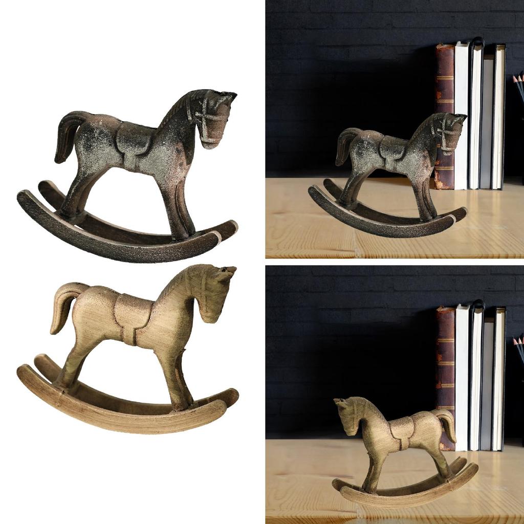Rocking Horse Wooden Sculpture Ornament Figurine for Shelf Living Room Gift Bedroom