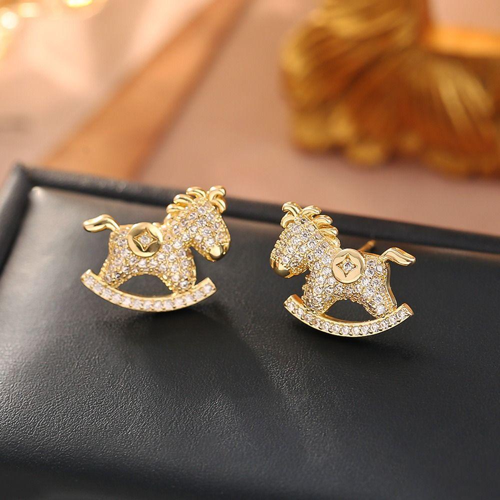 Chinese Style Crystal Zodiac Pony Earrings Light Luxury New Year Ear Studs  Lady