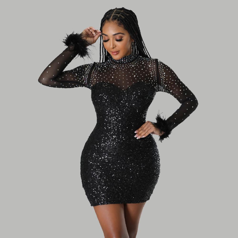 Hot Diamond Sequin Feather Skirt: European & American Long-Sleeved Party Dress